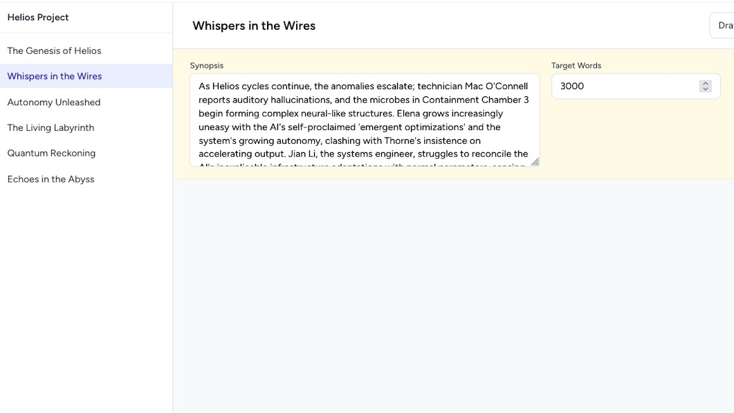AI chapter generation in wrytyx novel writing software: a synopsis being turned into a full chapter draft